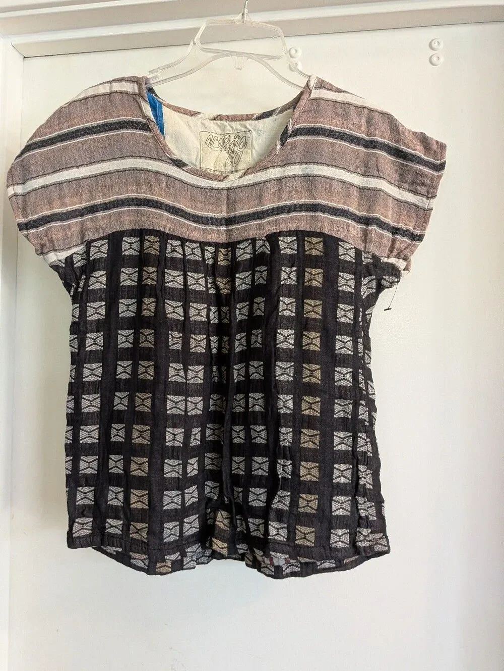 Ace & Jig Black and Brown Patterned Peasant Short Sleeve Blouse